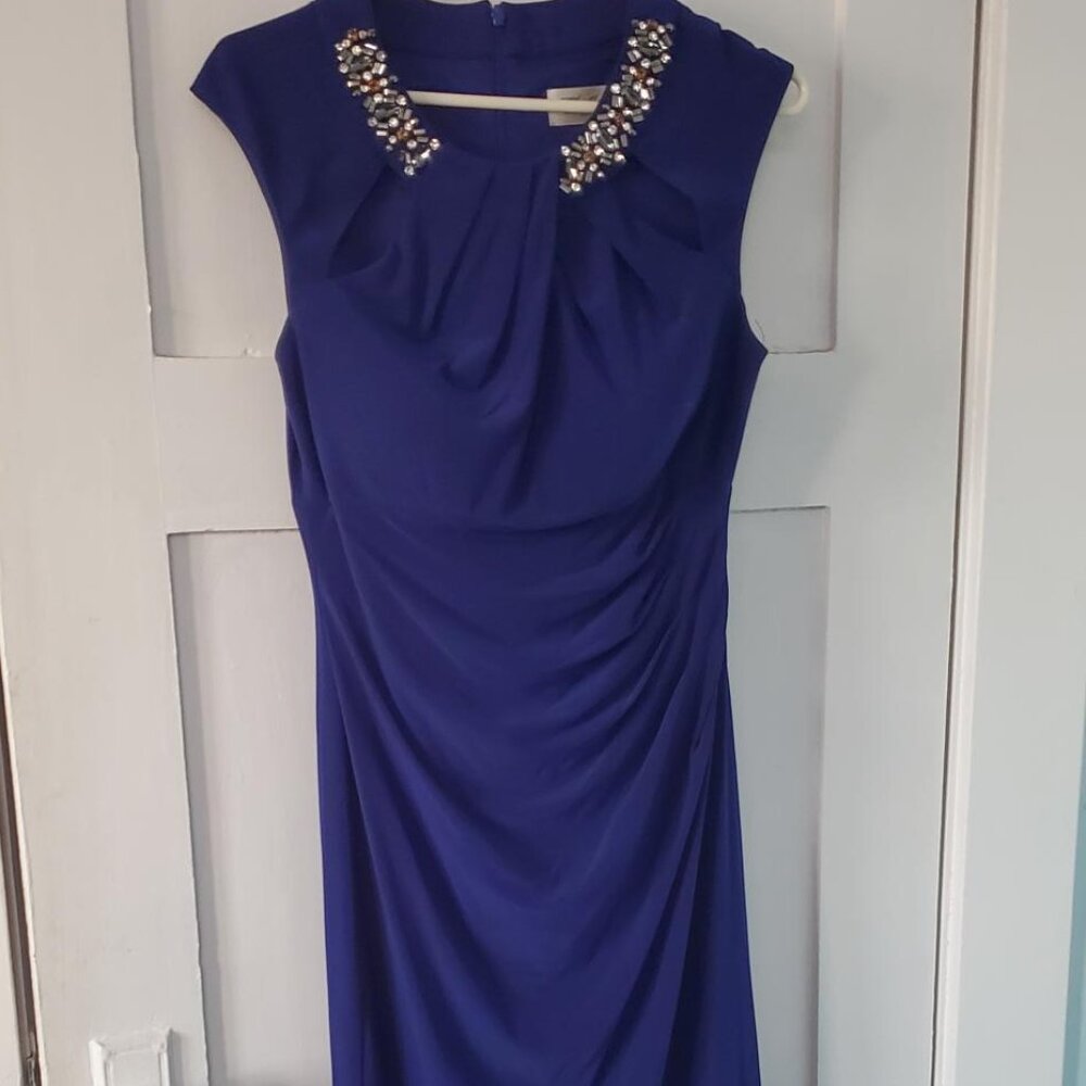 Sophisticated dress with bra-insert, ruching, rhinestones, and neckline cut-outs